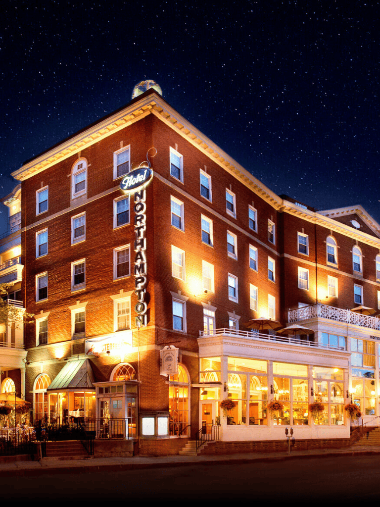 Historic downtown hotel with night illumination and starry sky in background.