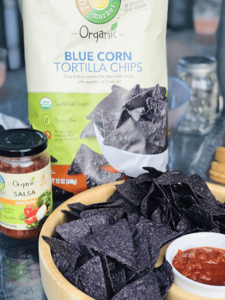 Organic blue corn tortilla chips for healthy snacking and Mexican cuisine.