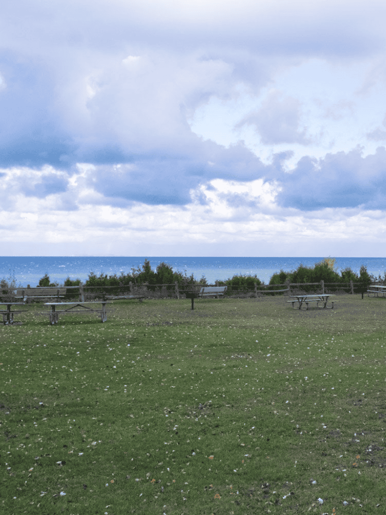 Serene seaside park with picnic tables and ocean view under cloudy sky.