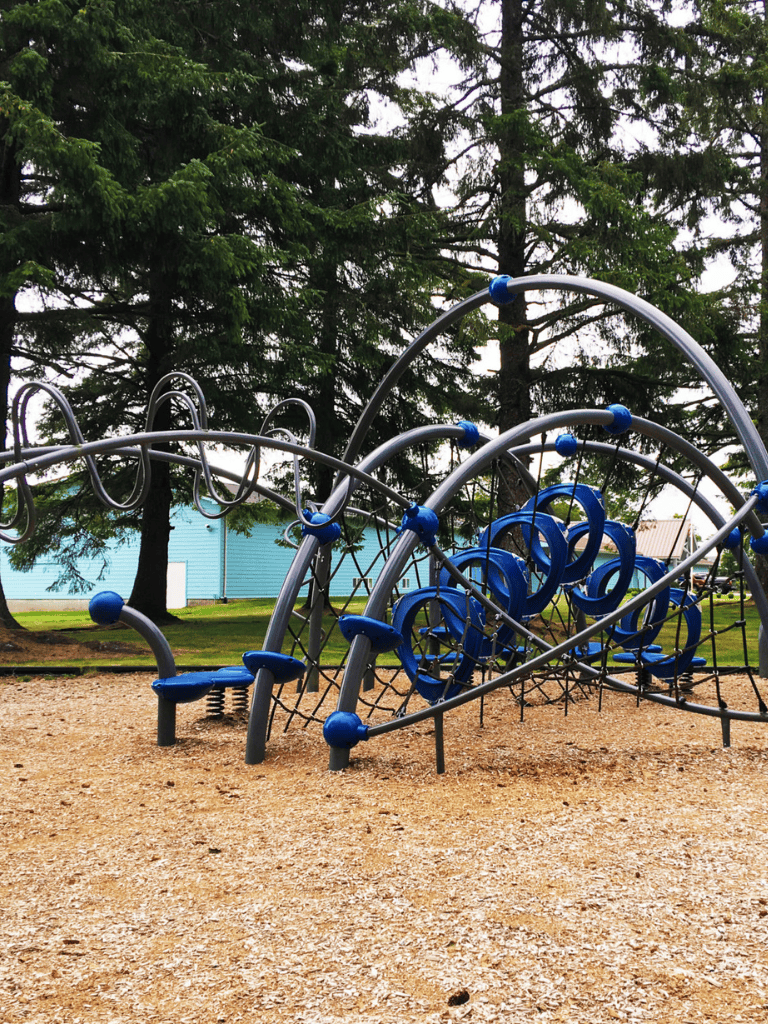 Colorful modern playground climbing structure with blue accents, set in a park with tall trees.