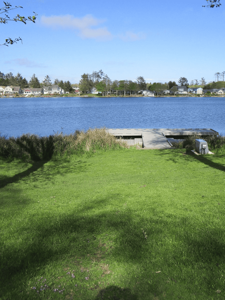Tranquil lakeside view with houses, dock, and lush green grass in outdoor scenic location.
