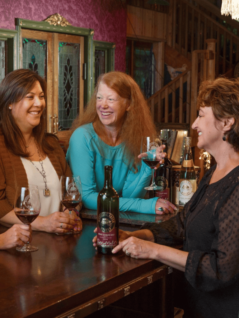Relaxed women enjoying wine tasting at QuestForDirections event in cozy, rustic setting.