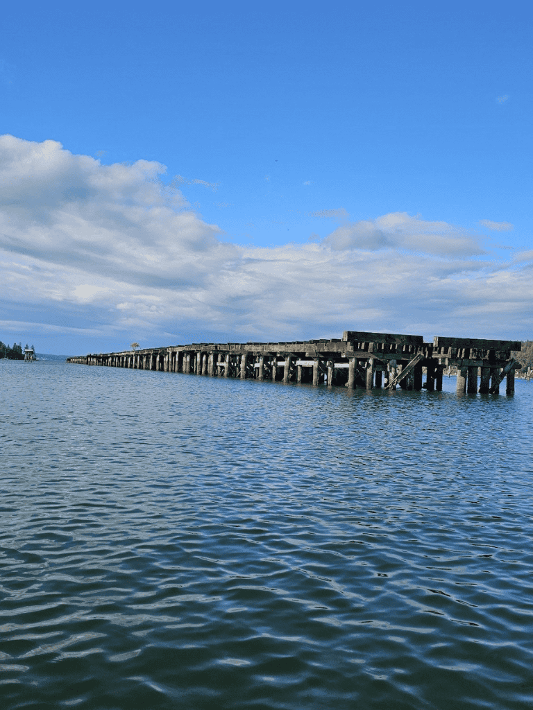 Dilapidated wooden pier extending into calm water under cloudy sky, scenic coastal view for travel guidance.