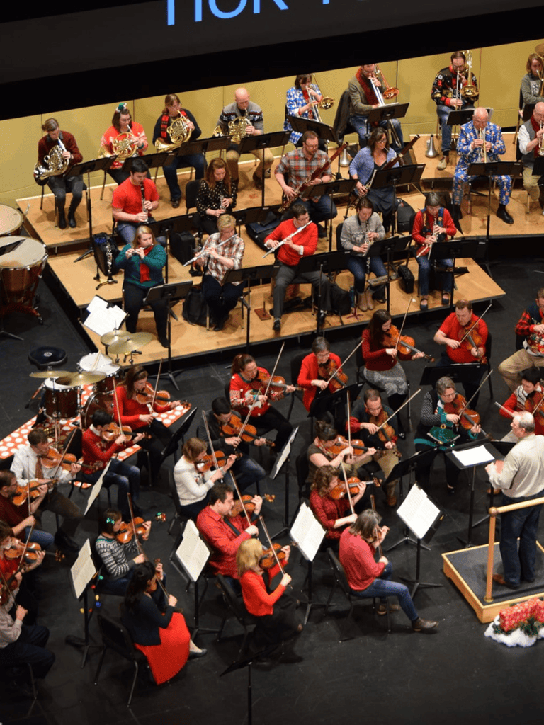 Vibrant orchestra performing on stage, showcasing diverse musicians and instruments in a concert hall.