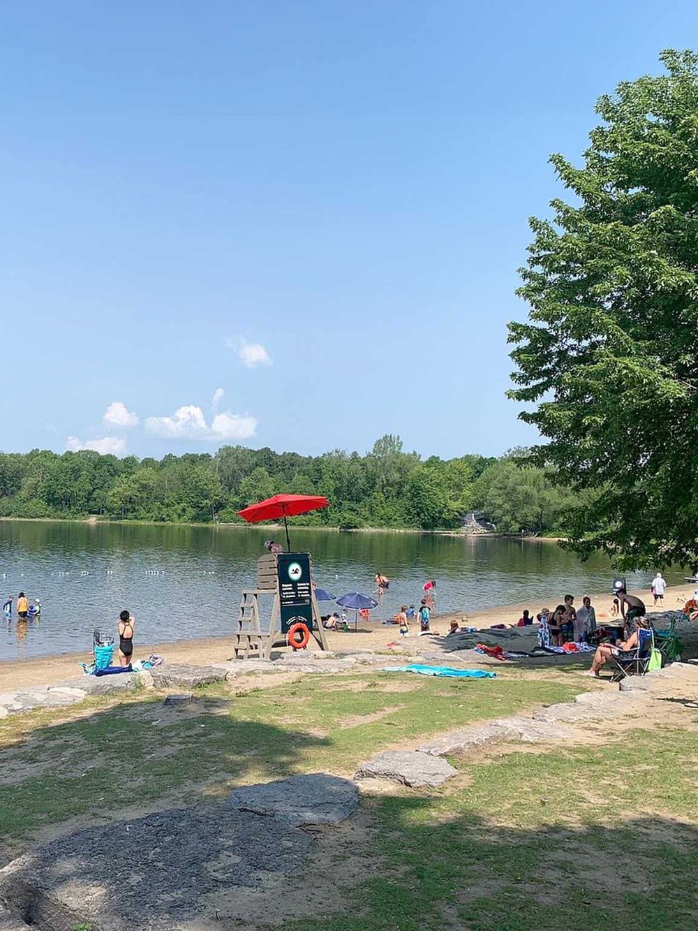 Beautiful park lakeside with people enjoying swimming, sunbathing, and picnic, perfect for outdoor recreation and family fun.