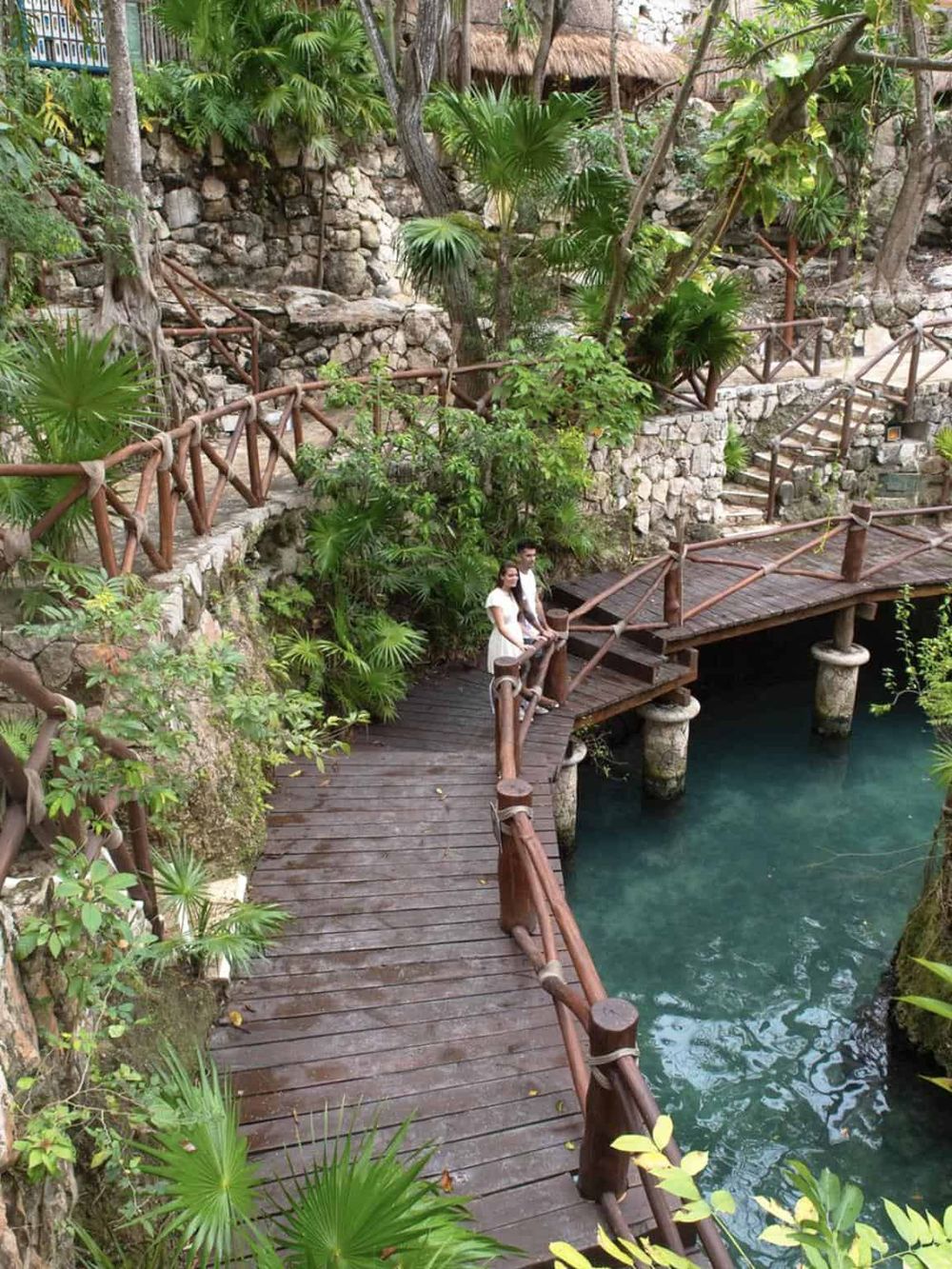 Colorful tropical garden pathway at QuestForDirections with wooden walkways and lush greenery.
