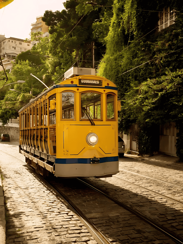 Vintage yellow tram on cobblestone street in hilly urban area with lush green trees, San Francisco cable car, classic city transportation, sunny day.
