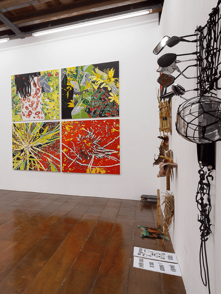 Vibrant abstract art and eclectic sculptures at Quest for Directions gallery, showcasing contemporary artist installations for immersive exhibitions.