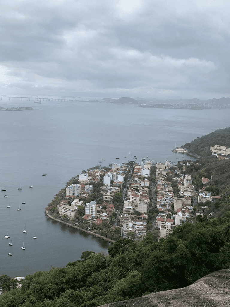 Vibrant coastal cityscape overlooking bay with boats and bridges, scenic ocean views, lush green hills, and urban skyline.