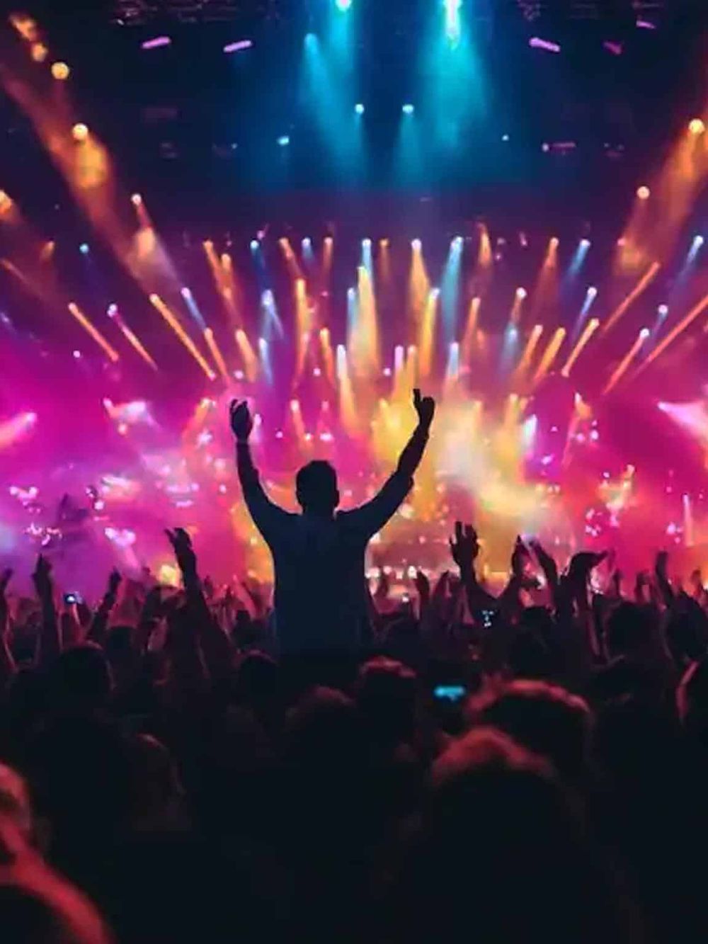 Colorful concert lights illuminating a lively crowd at a music event.