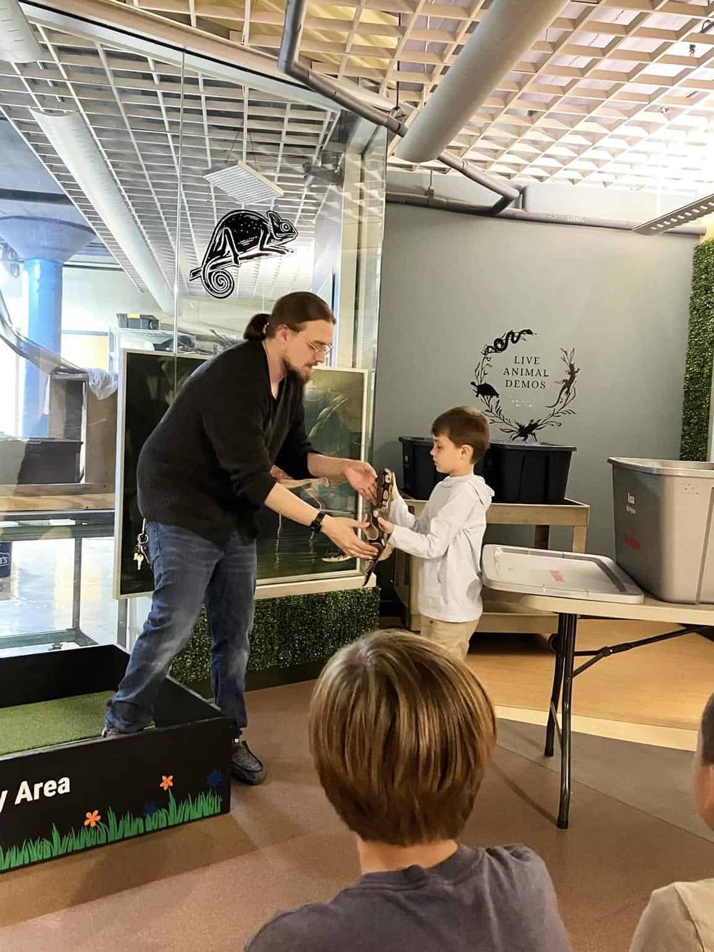 Colorful animal demonstration at a zoo educational exhibit with a presenter engaging children.