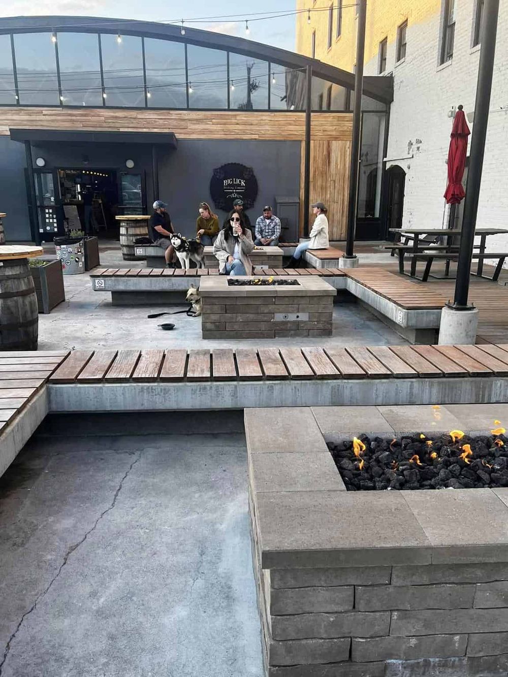 Outdoor restaurant patio with firepit and seating, casual dining atmosphere, and dogs with patrons.