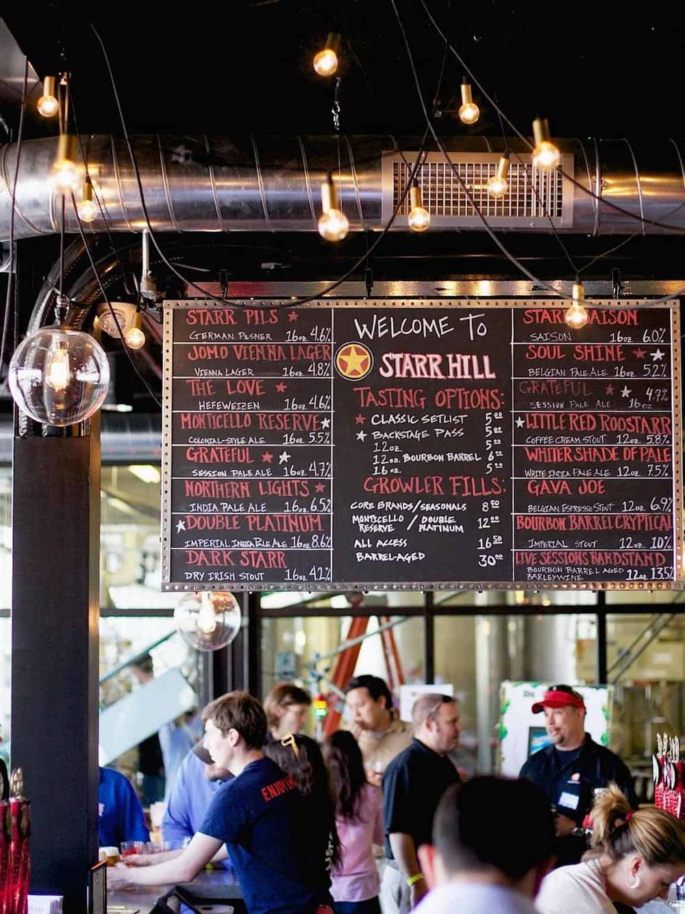 Elegant brewery taproom with craft beers and tasting options at Starr Hill Brewing, ideal for beer enthusiasts.