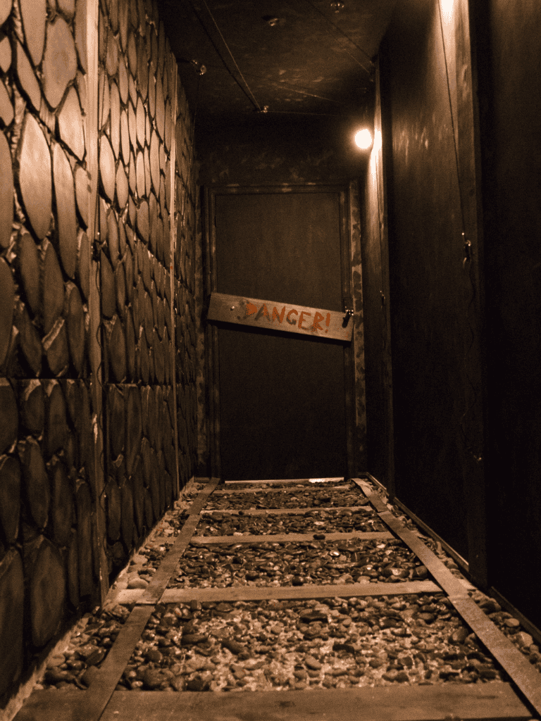 Dark narrow hallway with stone wall on the left and a "DANGER" sign on a door at the end.