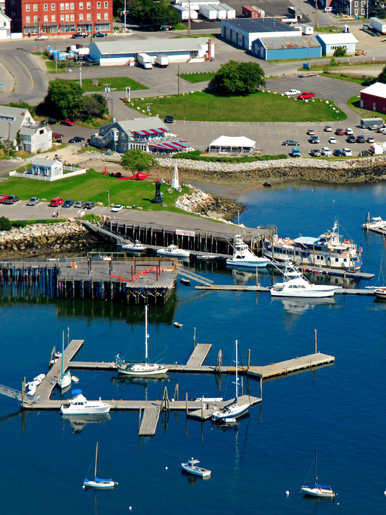 Aerial view of a scenic harbor with boats, marina, waterfront buildings, and lush green areas in coastal town.