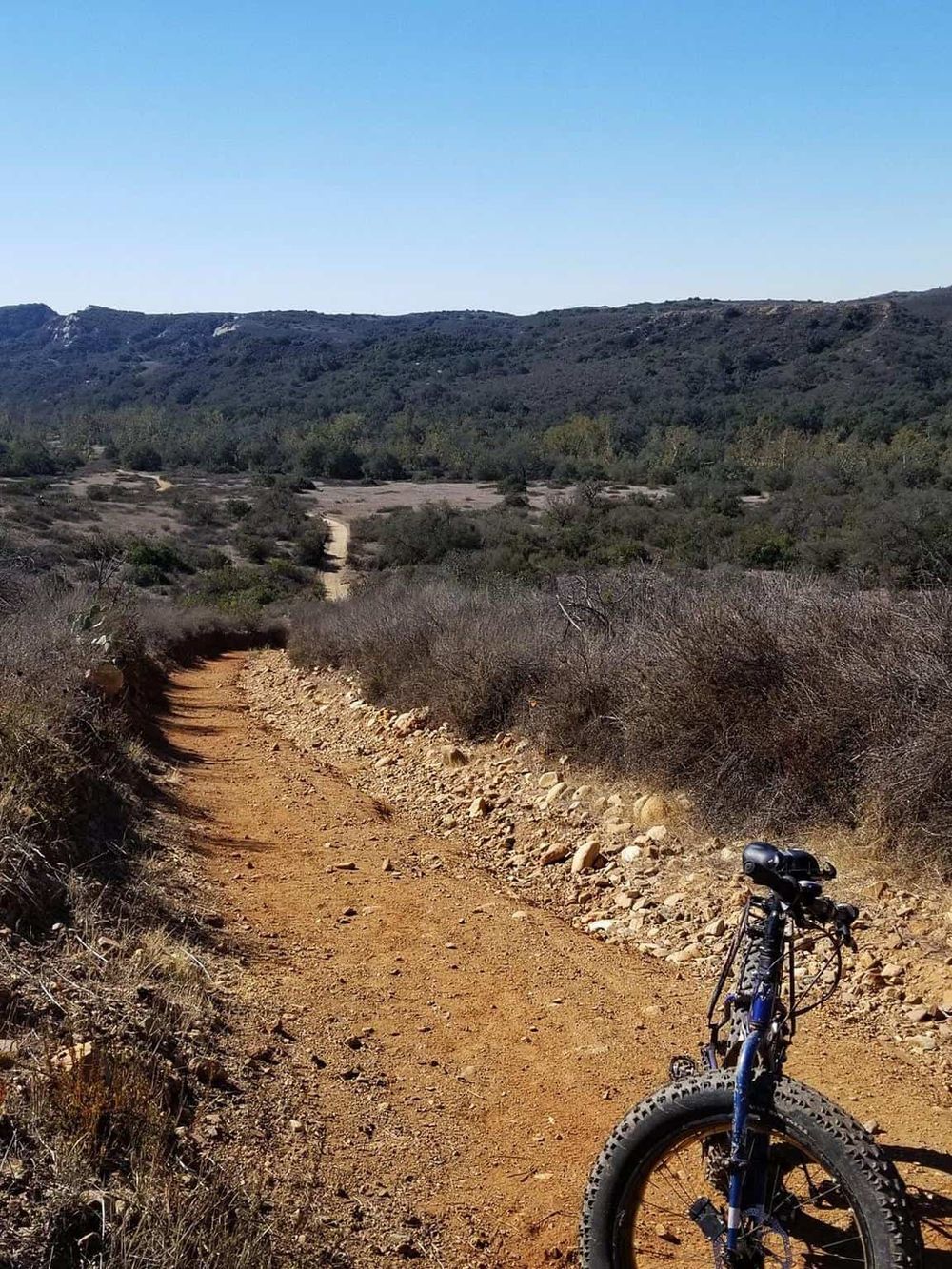 Rugged dirt trail for mountain biking in scenic desert landscape with hills and clear blue sky.