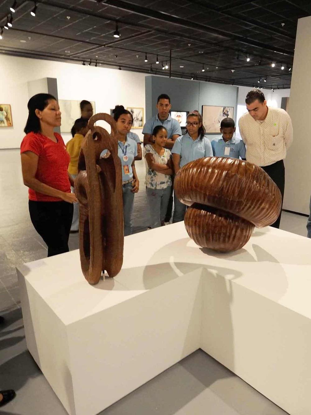 Wooden tribal art sculptures displayed at an art gallery.