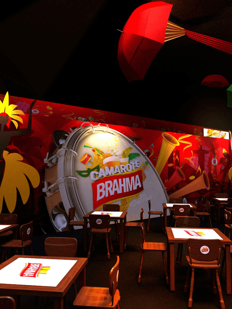Brightly lit Brazilian-themed bar with a large Brahma beer drum display, outdoor umbrellas, and wooden tables for socializing.