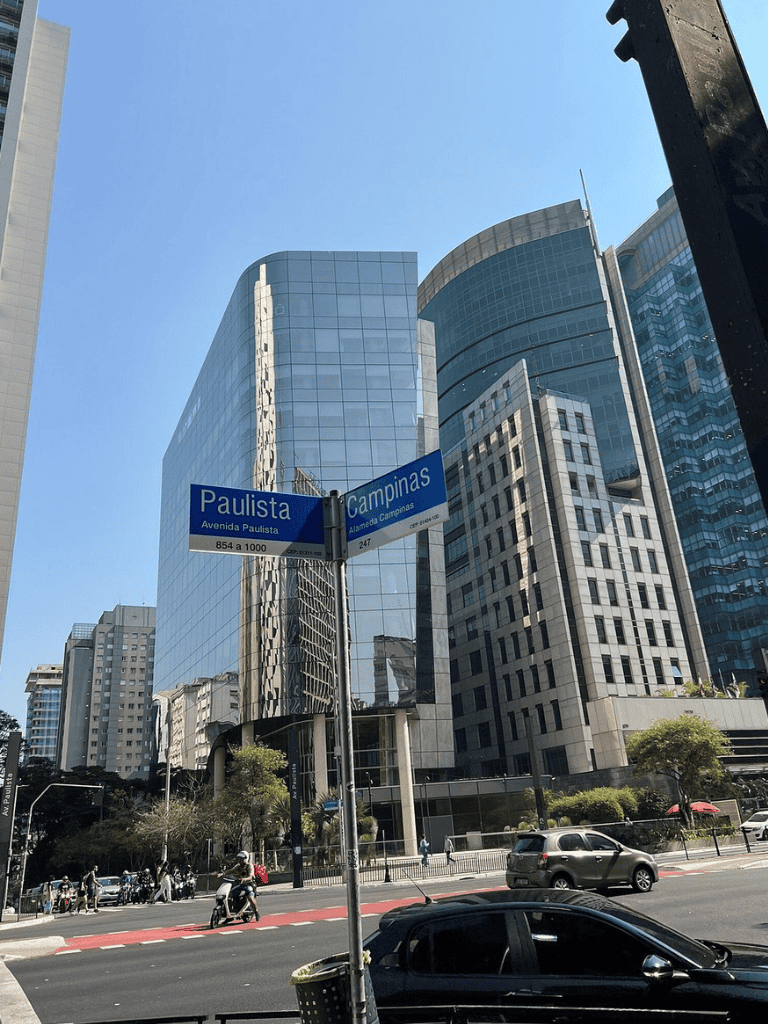 Modern office buildings in São Paulo at the intersection of Paulista and Campinas Streets.