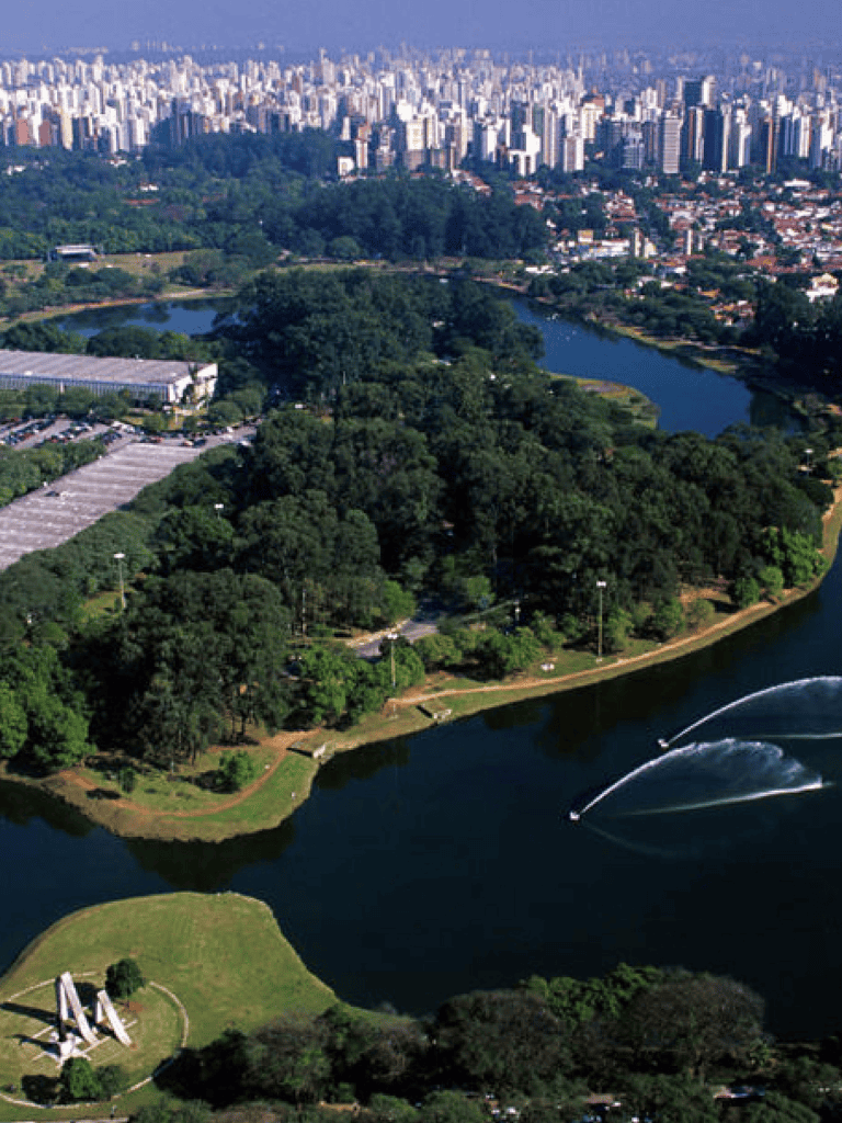 Lush urban park with water bodies and city skyline in the background, scenic view of nature and skyline.