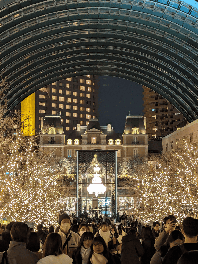 Festive holiday lights display at Quest For Directions shopping district, illuminated Christmas decorations, holiday shoppers, night scene.