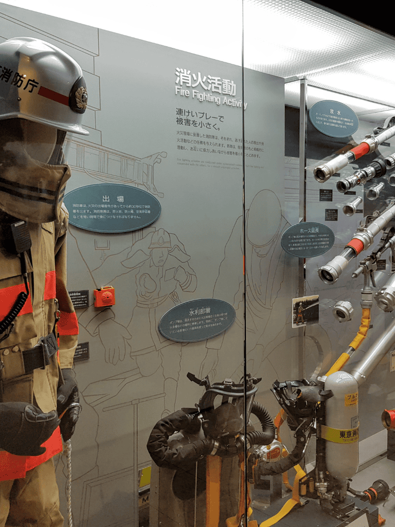 Fire Fighting Activities display and firefighter gear at QuestForDirections exhibition.