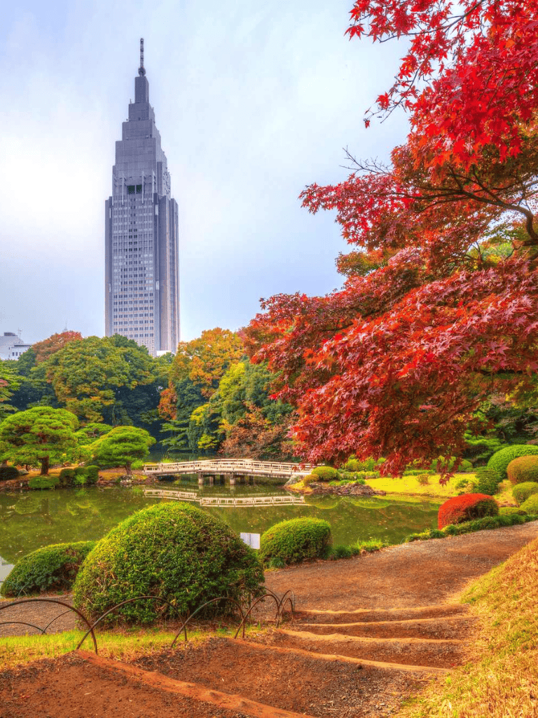 Vibrant autumn foliage in a Japanese garden with a city skyline in the background.