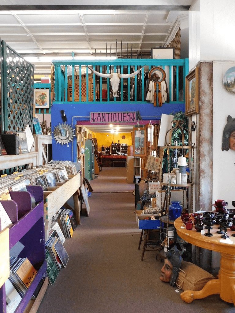 Colorful inside of a thrift store with antiques, books, and vintage decor.