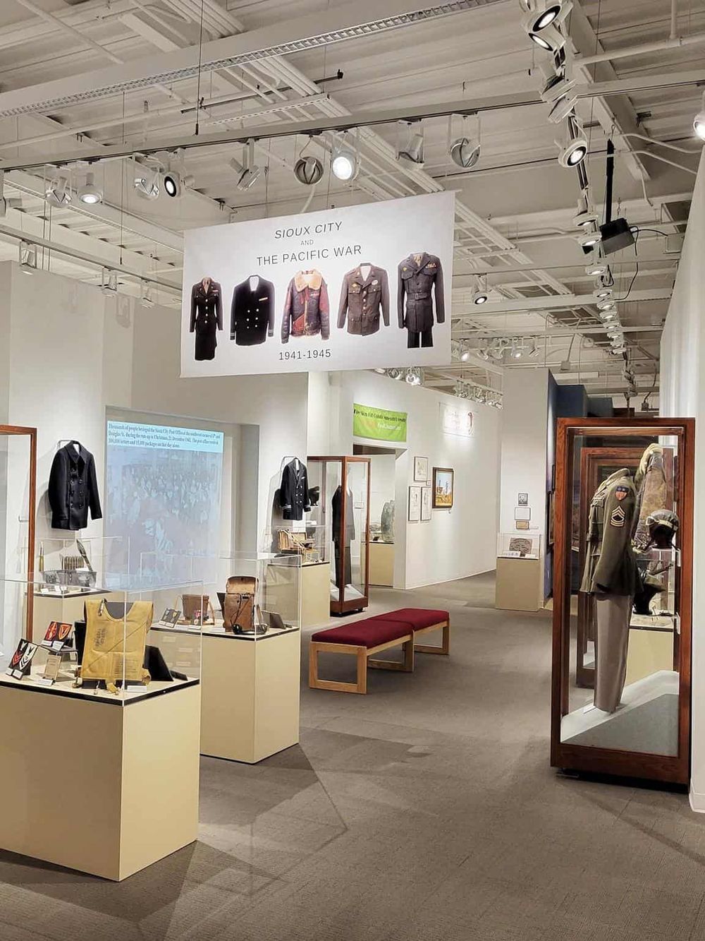 Military uniforms exhibit in the museum dedicated to Sioux City and the Pacific War, 1941-1945.