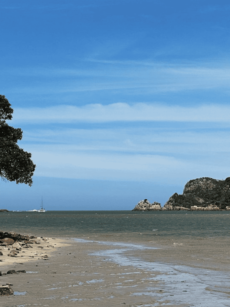 Tranquil beach with clear blue sky and scenic coastline at QuestForDirections.