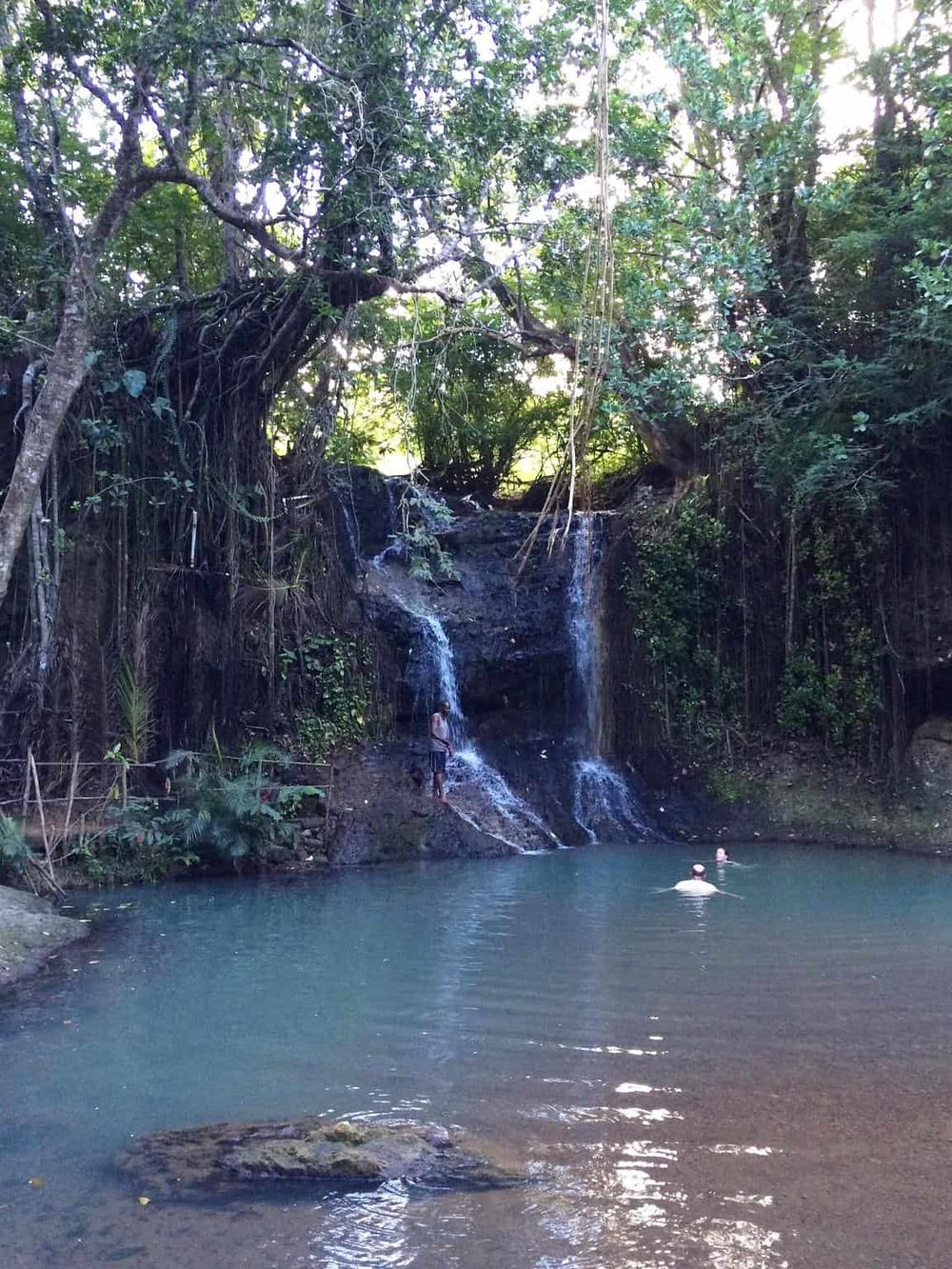 Serene waterfall and lush forest at QuestForDirections nature retreat, ideal for relaxation and adventure.