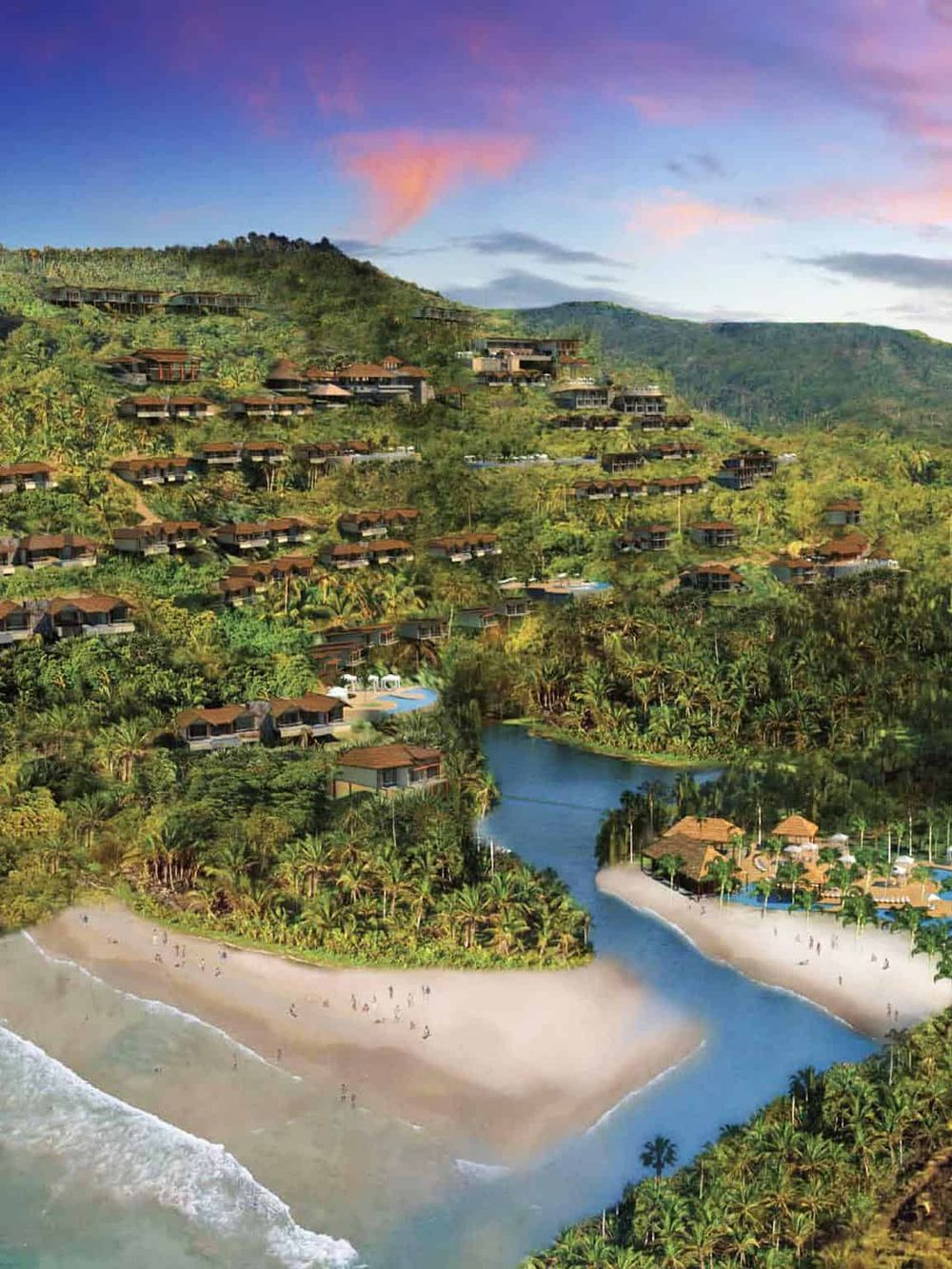 Luxurious hillside resort with modern villas and lush tropical landscape in QuestForDirections.