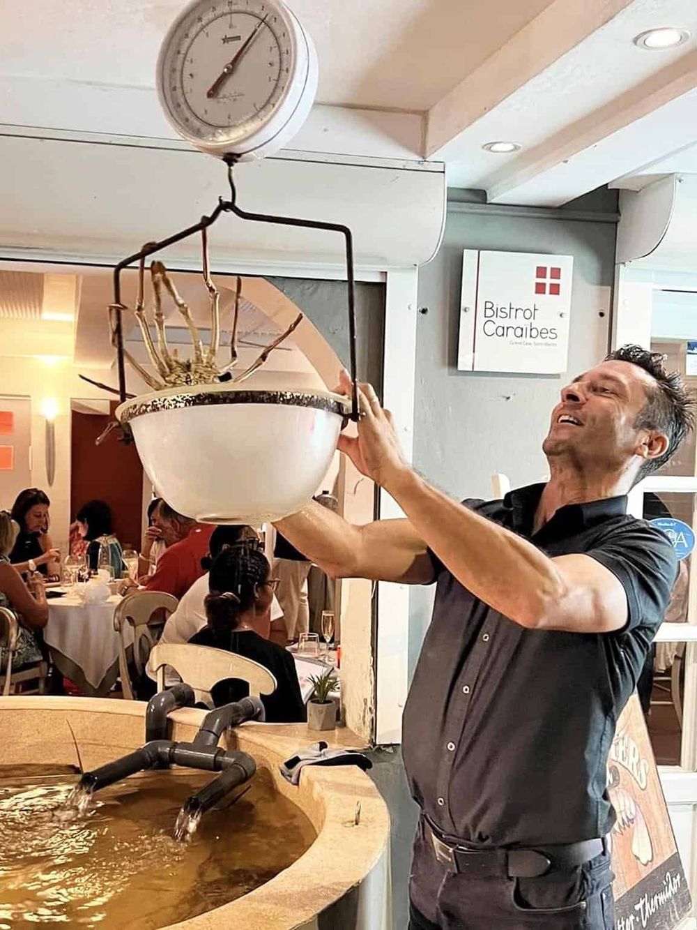 Fresh lobster being prepared in a lively restaurant setting, highlighting fine dining and seafood cuisine.