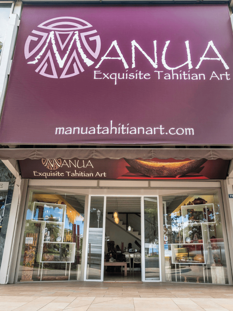 Handmade Tahitian art displayed at Mana Exquisite Tahitian Art store in Tahiti.