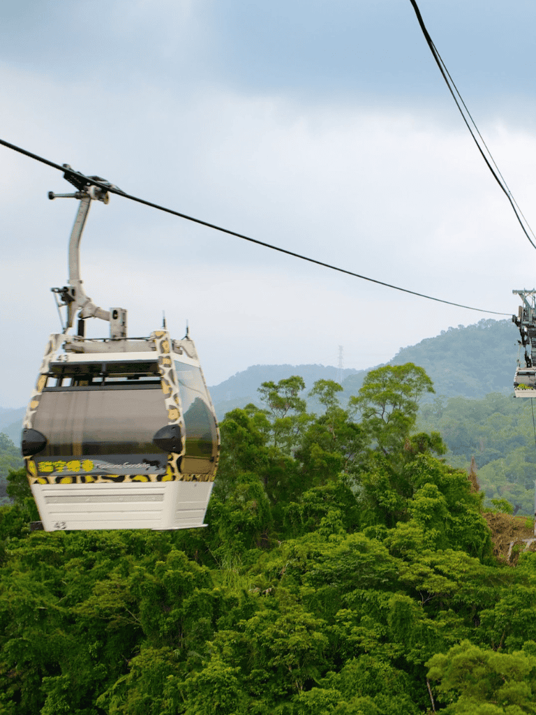 Cable car riding over lush green forests in a scenic mountain area.