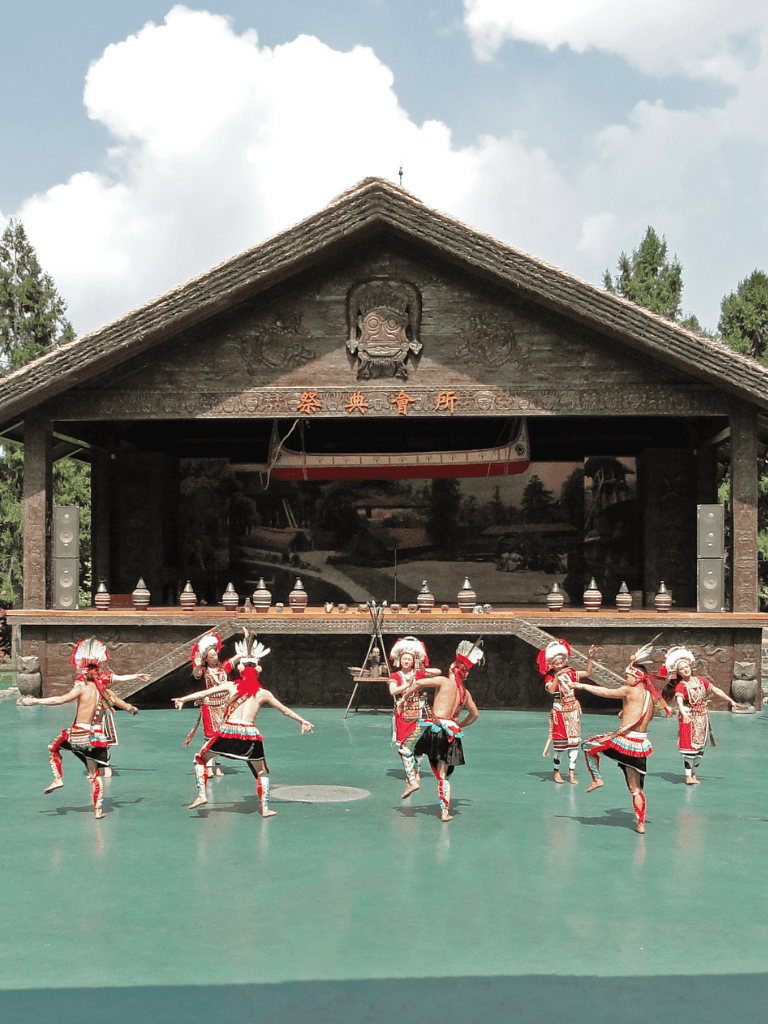 Traditional tribal dance performance at Quest for Directions cultural site, showcasing indigenous cultural heritage in the outdoor theater.