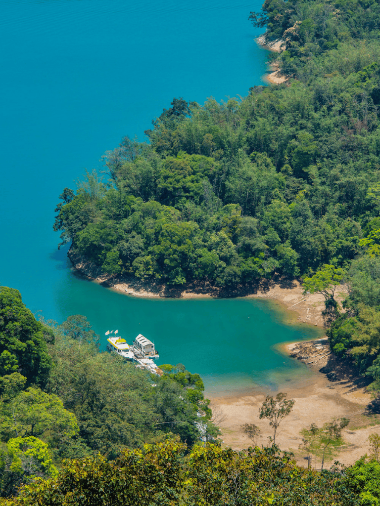 Serene river scenery with lush green trees and boat docking area, perfect for nature exploration and outdoor adventures.