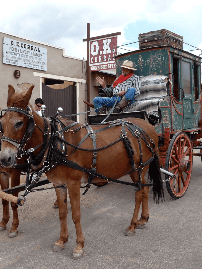 Horse-drawn carriage in historic wagon train setting at O.K. Corral, Tucson, Arizona, with reenactors and tourists enjoying the Old West experience.