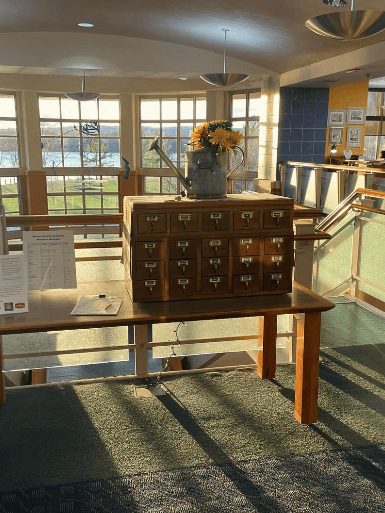 Vintage wooden card catalog with watering can and sunflower arrangement in cozy interior.