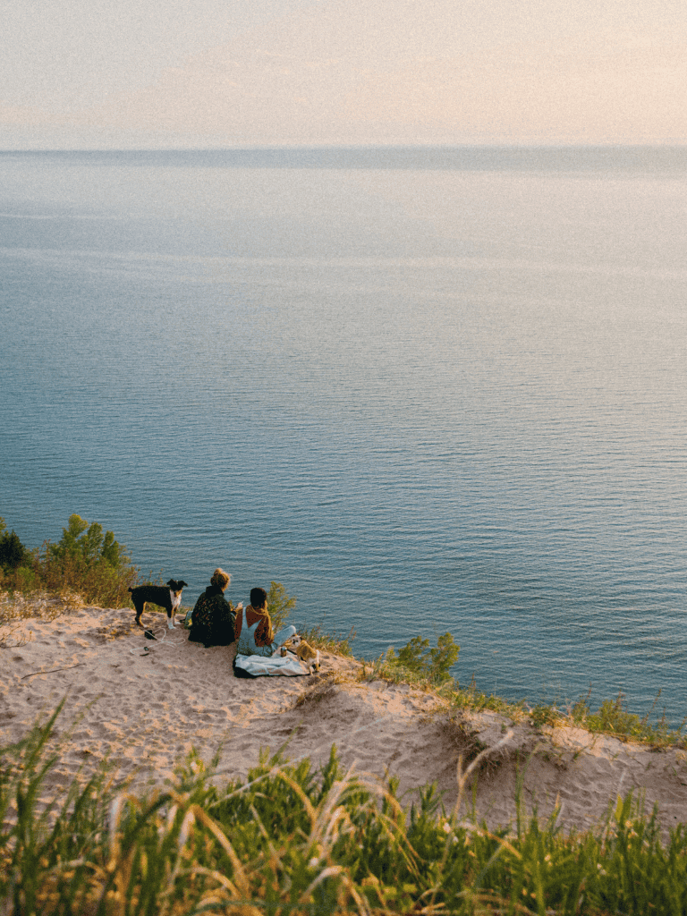 Tranquil coastal landscape with people and dog enjoying sunset view.