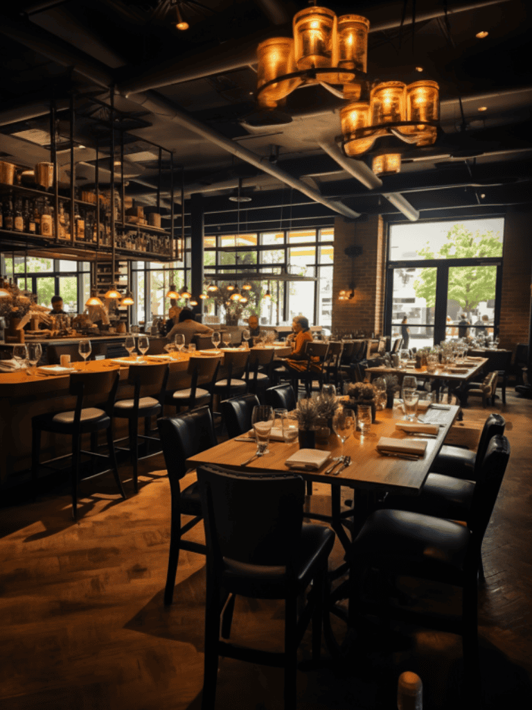 Cozy modern restaurant interior with warm lighting, elegant table settings, and large windows for natural light.