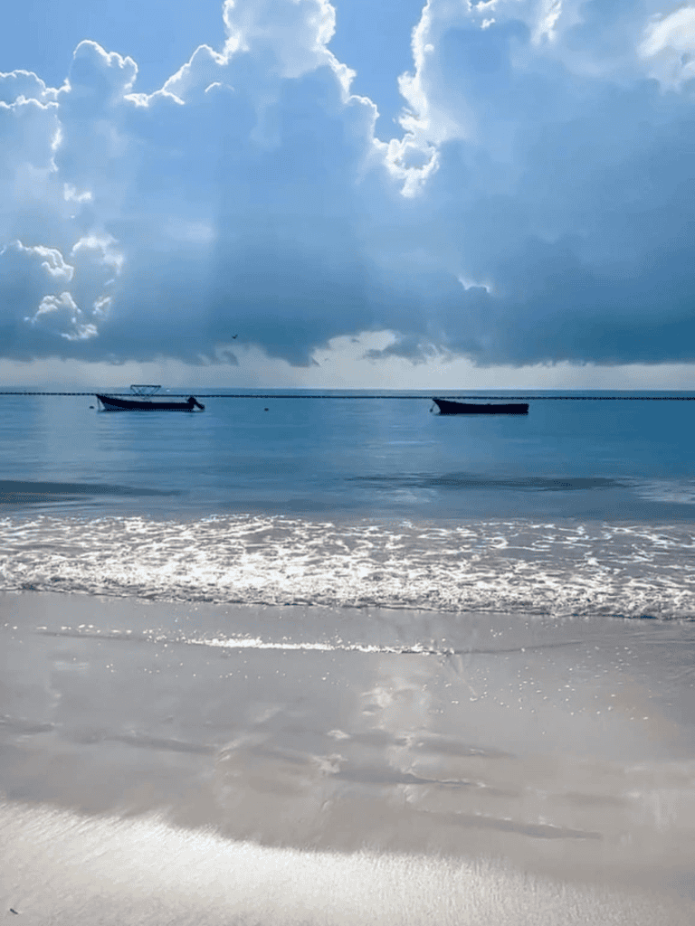 Serene beach scene with boats, calm water, and dramatic sky, perfect for coastal travel and exploration.