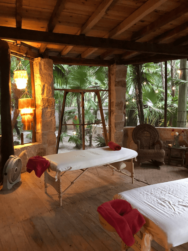 Serene massage therapy room with natural decor and lush greenery, perfect for relaxation and wellness retreats.