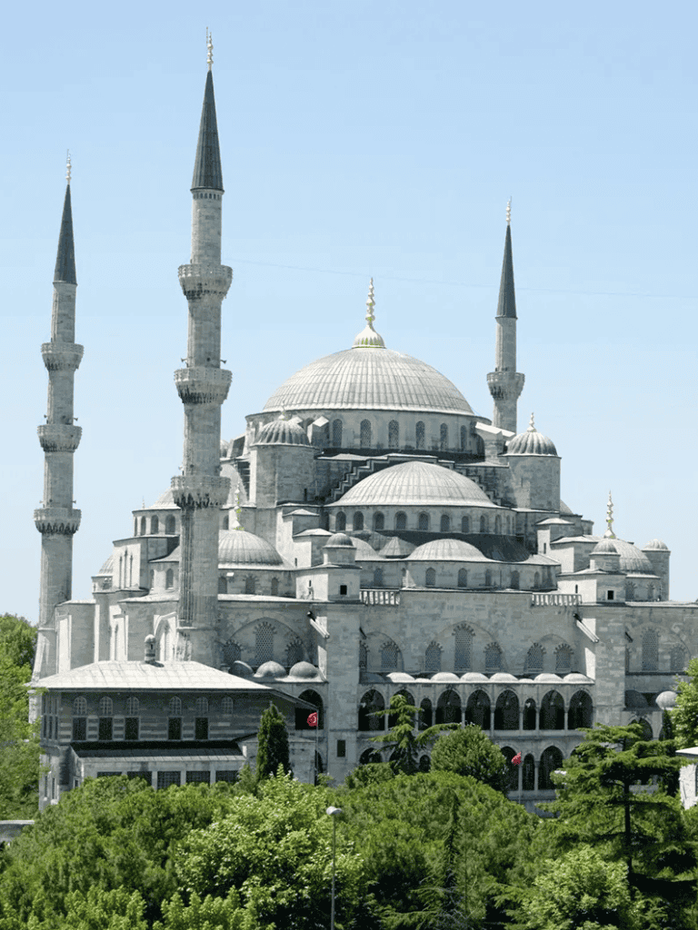 Majestic Istanbul Blue Mosque with surrounding greenery and clear sky.