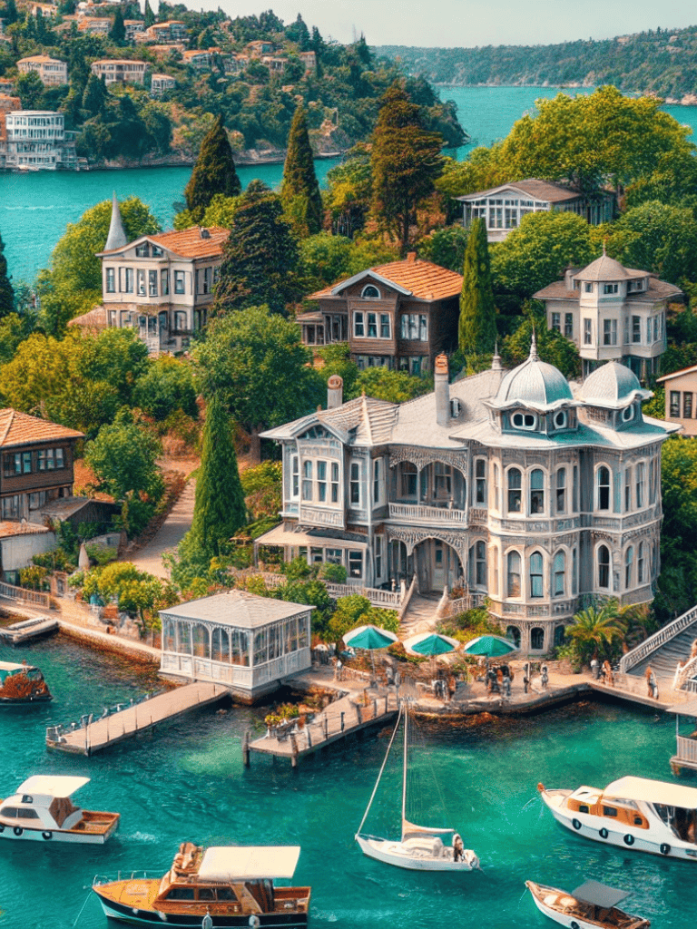 Luxurious waterfront mansion with ornate architecture on a scenic lake setting.