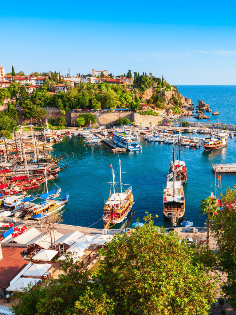 Colorful harbor with yachts sailing, lush green hillside, and coastal town in sunny weather.