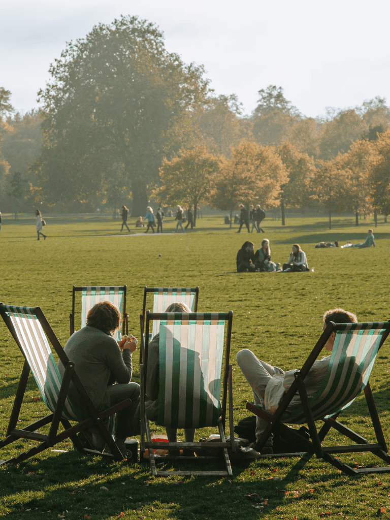 Outdoor park with people relaxing, walking, and enjoying sunny autumn day, vibrant trees, green grass, and leisure activities.