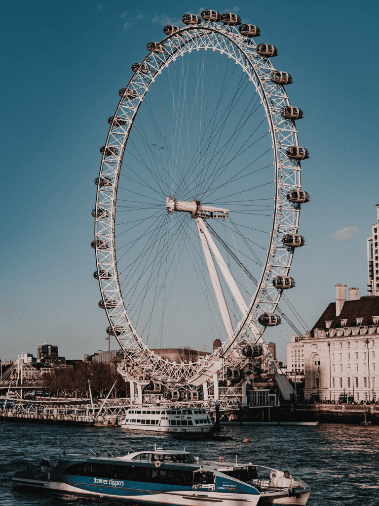 Large London Eye Ferris wheel on the River Thames, iconic sightseeing attraction in London.