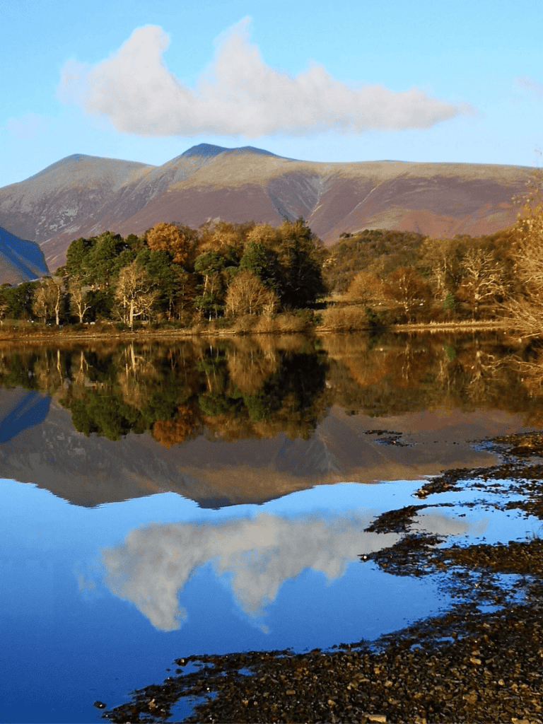 Serene mountain landscape with forest, lake reflection, and clear sky in autumn | QuestForDirections.