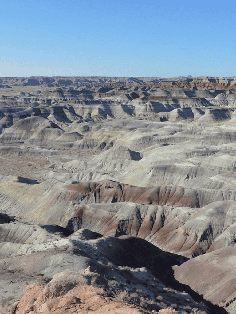 Breathtaking view of Badlands National Park's rugged, colorful rock formations and deep valleys.